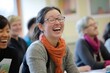 © Татьяна Евдокимова - Diverse group of adults engaged in a learning environment, focusing on memory skills, with one woman showing genuine joy