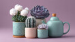 © chatchawan - Ceramic pots with succulents and cacti on pastel background create serene and stylish arrangement