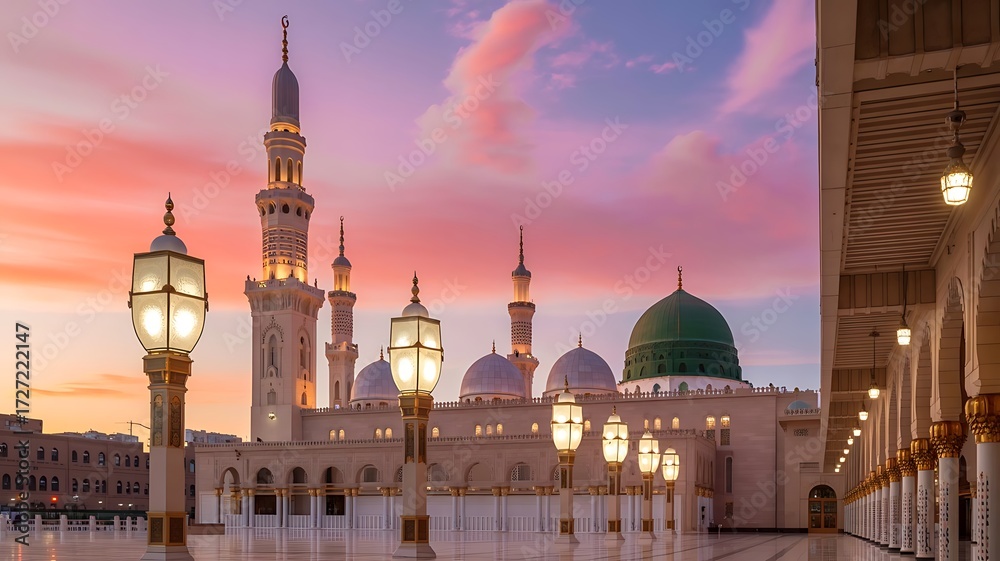 Al Masjid An Nabawi Green Dome And Minarets Glowing At Sunset Sky Stock al-masjid-an-nabawi-green-dome-and-minarets-glowing-at-sunset-sky-stock