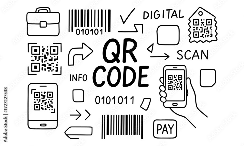 Qr code doodle collection with smartphone and digital elements Stock ...