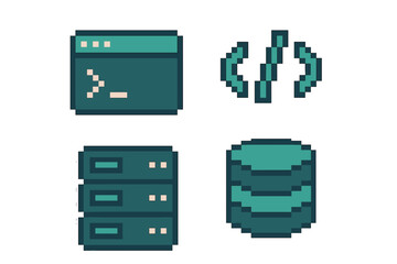 Wall Mural - Collection of pixel art icons representing programming, server infrastructure, and database management concepts for digital design