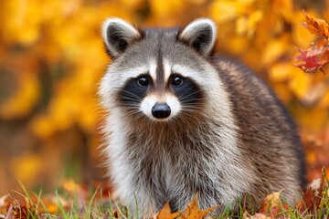 Wall Mural - raccoon looking at camera in autumn forest
