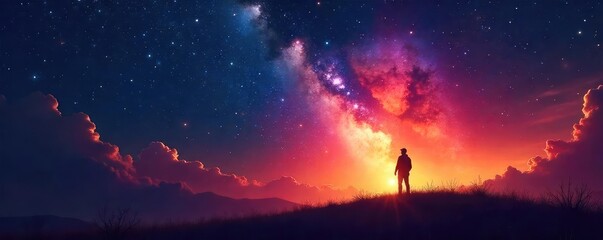 Wall Mural - A lone figure silhouetted against a vibrant, star-filled night sky, reaching towards a celestial light, symbolizing hope and redemption , enlightenment, freedom