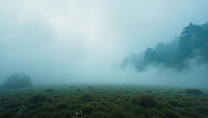 Wall Mural - Mysterious, ethereal fog rolling across a vast, open landscape Perfect for fantasy, mystery, or atmospheric backgrounds Ideal for digital art, graphic design, and websites , sunrise, sky, river