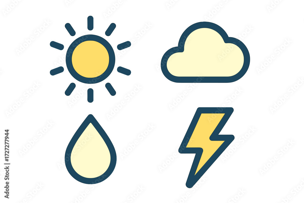 Weather symbols depicting sun, cloud, rain droplet, and lightning in a ...