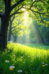 Wall Mural - Sunlight dapples a lush green meadow, slender branches reaching skyward, creating a tranquil and idyllic natural scene Perfect for nature, spring, and pastoral themes , calm, idyllic