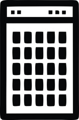 Simple black and white icon of a calculator with digital display showing multiple buttons and features