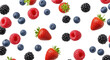 © Napapon - falling mixed berries isolated, the berries are strawberries, blueberries, blackberries, and raspberries