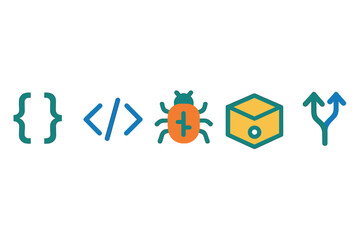 Wall Mural - Collection of programming icons representing coding, debugging, and software development processes in a minimalist style