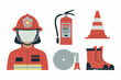 © SHOHRAB HOSSAIN - Essential firefighter equipment including helmet uniform extinguisher traffic cone hose reel and boots for safety and emergency response
