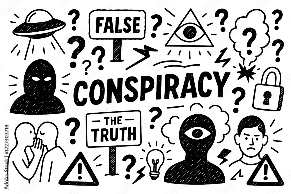 Conspiracy doodle collage with secret symbols, all seeing eye, alien ...