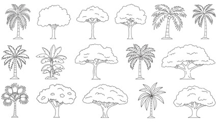 Wall Mural - Architectural Tree Line Drawings – Minimal CAD Side View Forest Section Outline Set for Landscape Design AI EPS PNG JPEG.

