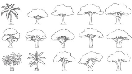 Wall Mural - Architectural Tree Line Drawings – Minimal CAD Side View Forest Section Outline Set for Landscape Design AI EPS PNG JPEG.
