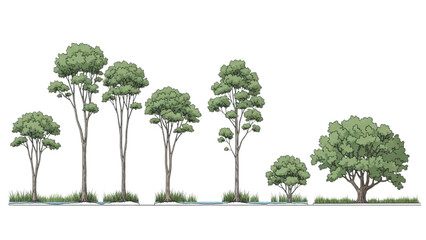Wall Mural - Architectural Tree Line Drawings – Minimal CAD Side View Forest Section Outline Set for Landscape Design AI EPS PNG JPEG.
