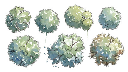 Wall Mural - Architectural Tree Line Drawings – Minimal CAD Side View Forest Section Outline Set for Landscape Design AI EPS PNG JPEG.
