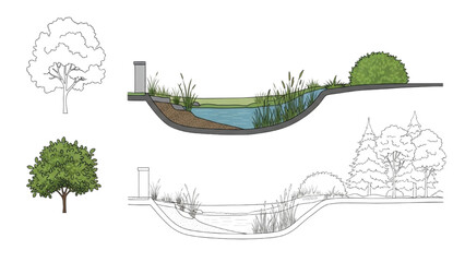 Wall Mural - Architectural Tree Line Drawings – Minimal CAD Side View Forest Section Outline Set for Landscape Design AI EPS PNG JPEG.
