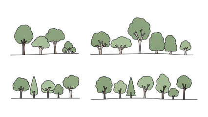 Wall Mural - Architectural Tree Line Drawings – Minimal CAD Side View Forest Section Outline Set for Landscape Design AI EPS PNG JPEG.
