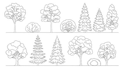 Wall Mural - Architectural Tree Line Drawings – Minimal CAD Side View Forest Section Outline Set for Landscape Design AI EPS PNG JPEG.
