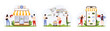 © Iconic Prototype - Retail store promotion, franchise, online shopping in mobile app set. Tiny people expand company with branches, pin location of small shop on map, select purchase category cartoon vector illustration