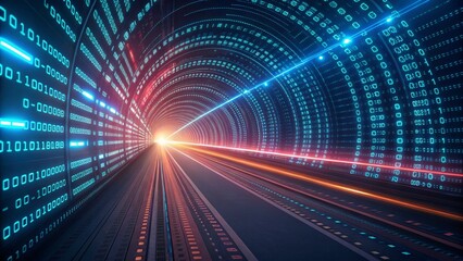 Digital tunnel with binary code and light streaks creating a futuristic cyberspace effect created with generated ai