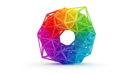 A vibrant and colorful geometric shape isolated on white background, showcasing a modern and abstract design with a spectrum of rainbow hues and intricate lines
