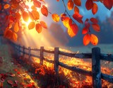 Jesienny krajobraz z drwnianym płotem, jesiennym lasem kolorowymi liśćmi i promieniami słońca, 