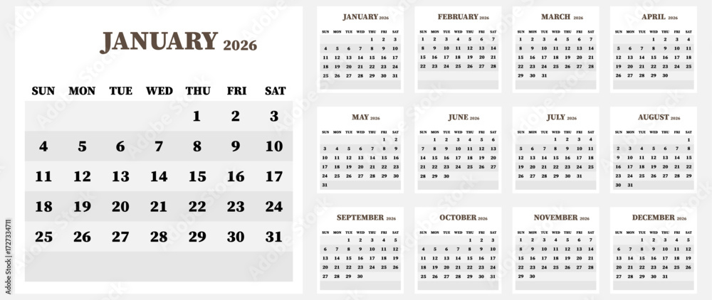 Vector calendar. Year 2026. Week starts on Sunday. Has 12 months ...