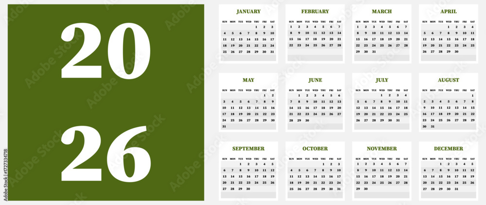 Vector calendar. Year 2026. Week starts on Sunday. Has 12 months ...