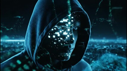Cyberpunk Hacker in Digital Cityscape.