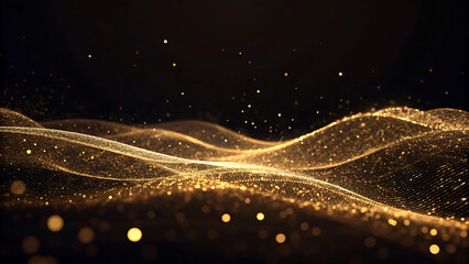 Wall Mural - Abstract flowing golden waves of light particles and bokeh on a dark background
