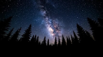 Wall Mural - The luminous Milky Way galaxy gracefully rises above a silhouetted forest line against the deepening night sky timelapse background, discovery, night sky