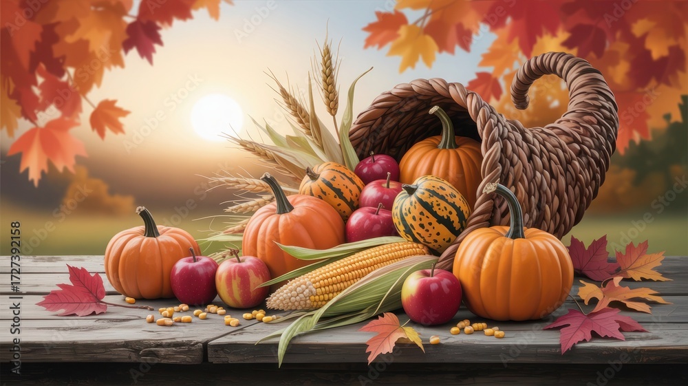 Basket Of Pumpkins, Apples And Corn On Harvest Table With Field Trees ...