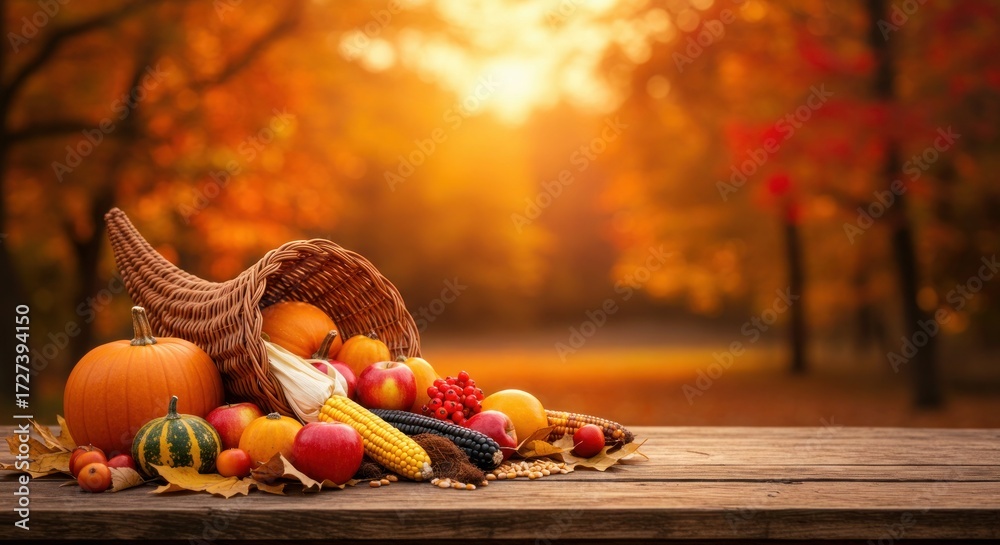 Basket Of Pumpkins, Apples And Corn On Harvest Table With Field Trees ...