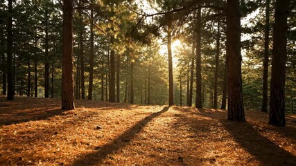 Wall Mural - sunlight dappling and shifting through the dense pine forest leaves, creating dancing patterns on th