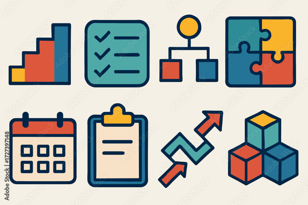 Icon Set. Objects set of icons in abstract flat : staircase, checklist ...