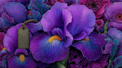 Wall Mural - Military dog tags placed amidst vivid purple pansies and irises symbolizing honored remembrance
