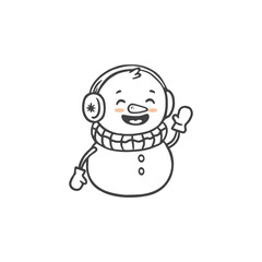 Wall Mural - Cute cartoon snowman with a scarf in doodle style. Christmas Coloring page. Vector illustration 