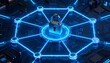 © Svitlana - Cyber defense system visualization with padlock in the center of digital network and glowing blue neon connections, futuristic cybersecurity technology, secure data protection and information safety