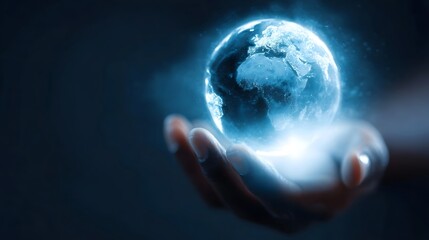 Wall Mural - A hand cradles a luminous futuristic blue globe of Earth symbolizing global technology and connection