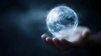 Wall Mural - A mystical glowing blue orb hovers above an outstretched hand emitting ethereal energy against a dark mysterious background