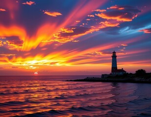 Wall Mural - Serene sunset paints the sky in fiery hues, casting long shadows from a solitary lighthouse standing tall against the tranquil ocean, colors, red, yellow