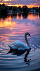 Wall Mural - Serene swan glides on tranquil water, reflecting vibrant sunset hues; peaceful evening scene, wildlife, pink, peaceful