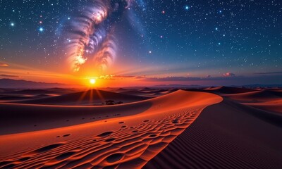 Wall Mural - Mystical desert dunes at sunset/sunrise, bathed in starlight and the ethereal glow of distant galaxies and nebulae, dunes, space, sky