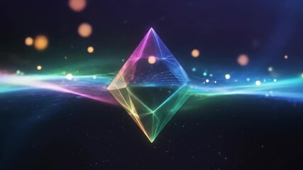 Abstract Geometric Prism Floating In Cosmic Space with Colorful Light Trails and Sparkles