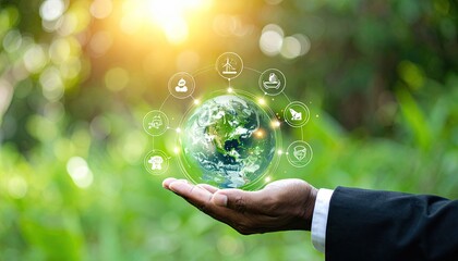 Global Digital Network Connecting Earth Hand Holding Planet Technology Icons.