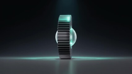 Animated Metallic Cogwheel Rotating With Teal Glowing Core on a Dark Background