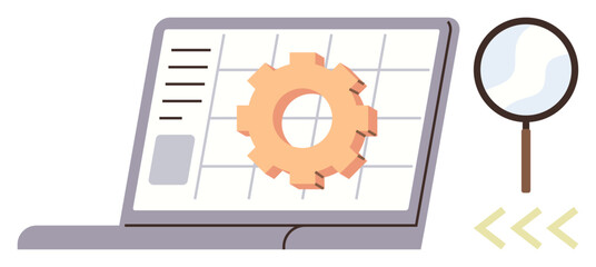 Laptop with a gear on a grid, magnifying glass nearby. Ideal for software, analysis, optimization, research, innovation, data management technical processes. Simple flat metaphor