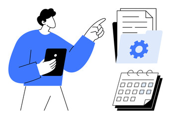 Wall Mural - Person with tablet pointing at organized files, documents in a gear-marked folder, and a calendar. Ideal for time management, project planning, digital workflow, teamwork, scheduling, productivity