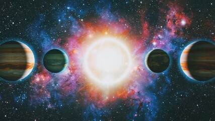 Wall Mural - A group of exoplanets aligned in orbit around a brilliant star 