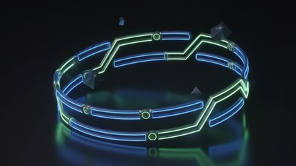 Glowing Neon Ring with Geometric Shapes and Abstract Digital Light Effects